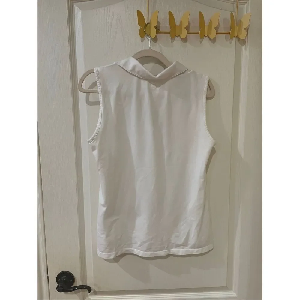 Tory Sport Women’s White Sleeveless Collared Top Black Trim V-Neck Active Chic